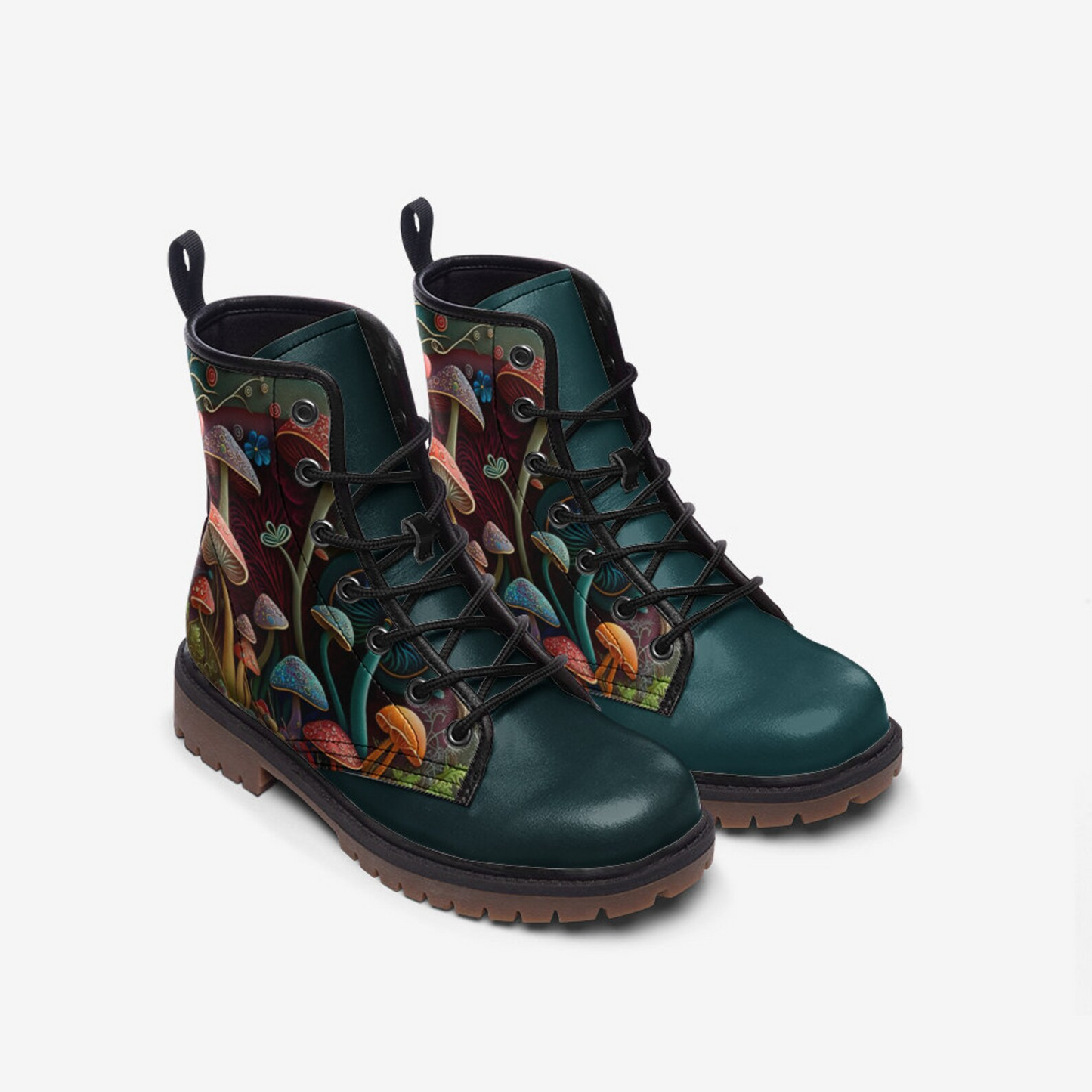 Emerald Blossoms - Mushroom Vegan Leather Combat Boots For Hippies