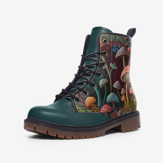 Emerald Blossoms - Mushroom Vegan Leather Combat Boots For Hippies