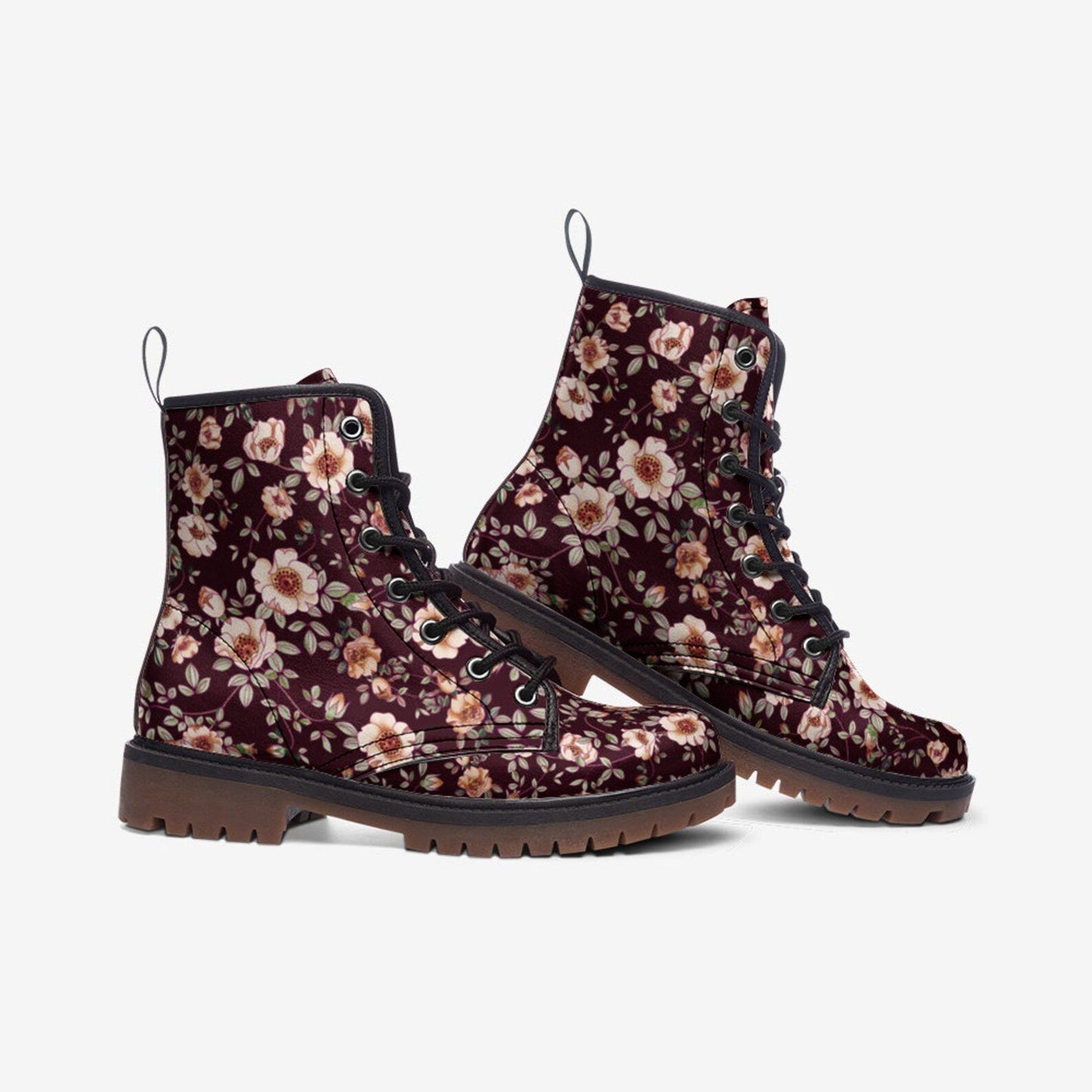 Emerald Blossoms - Deep Red & White Floral Vegan Leather Combat Boots For Hippies