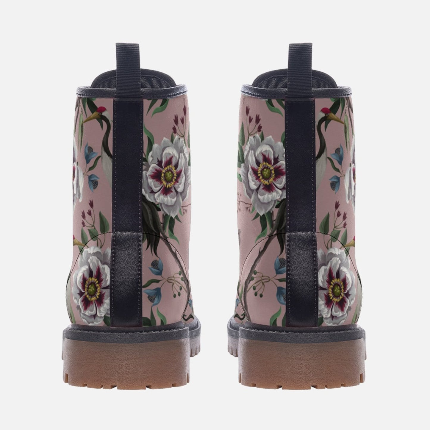 Emerald Blossoms - Pink & White Floral Vegan Combat Boots For Hippies