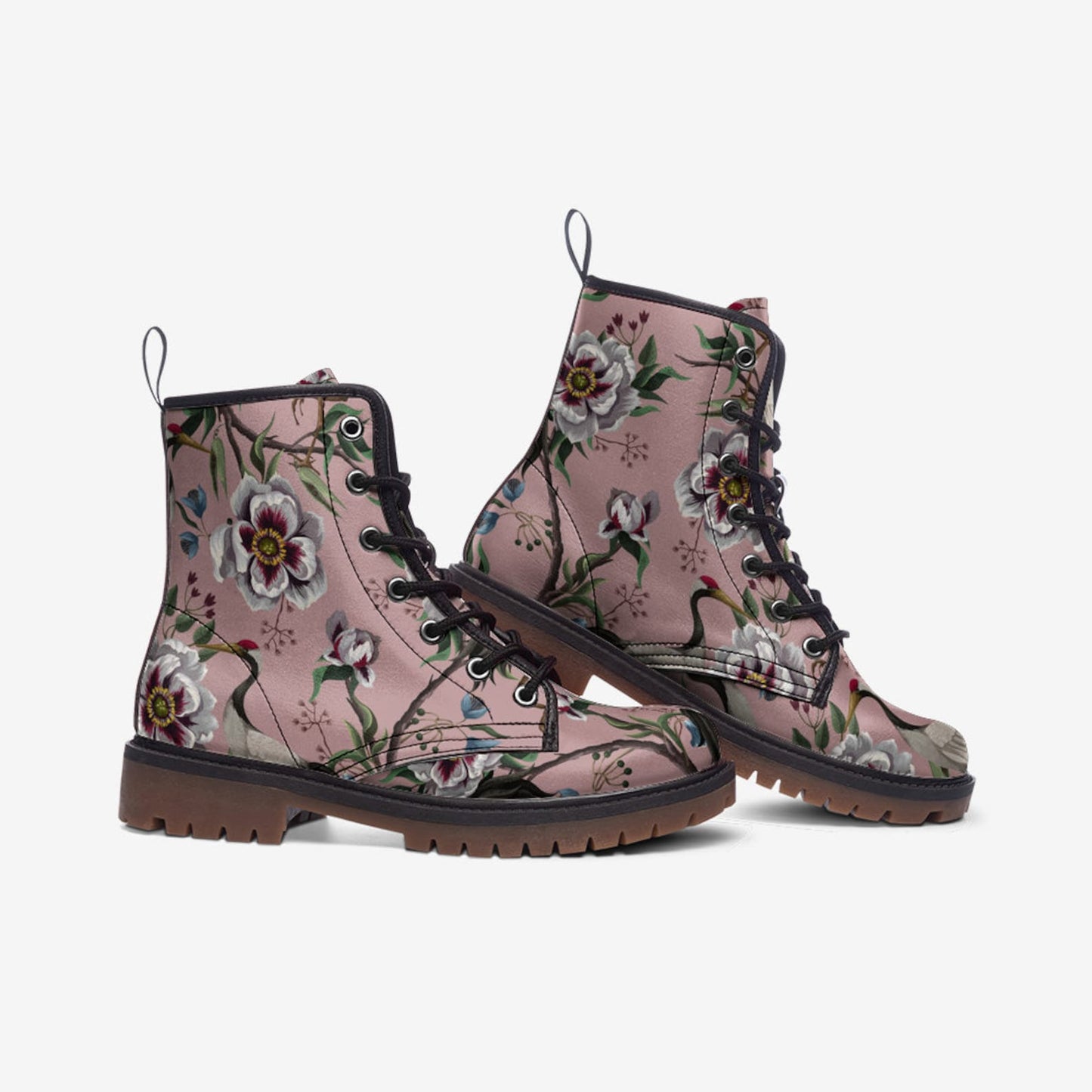 Emerald Blossoms - Pink & White Floral Vegan Combat Boots For Hippies