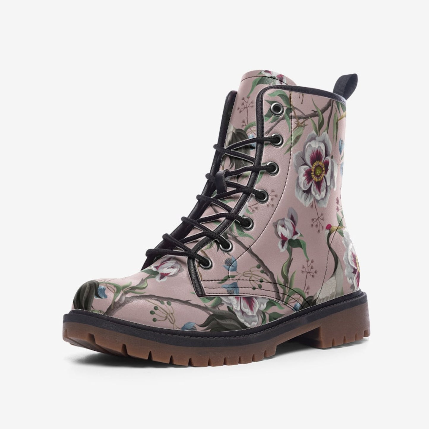 Emerald Blossoms - Pink & White Floral Vegan Combat Boots For Hippies