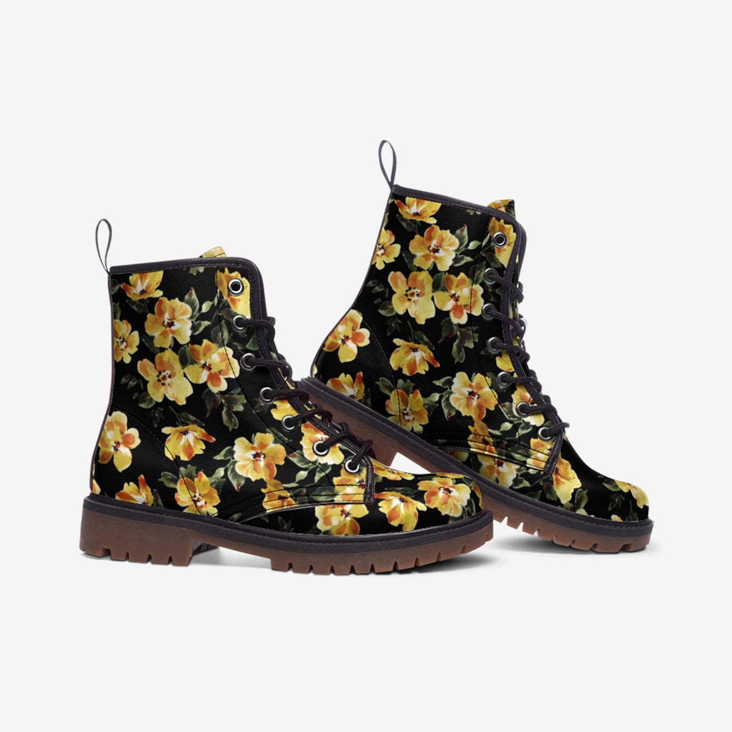 Emerald Blossoms - Black w Yellow Flowers Combat Boots.