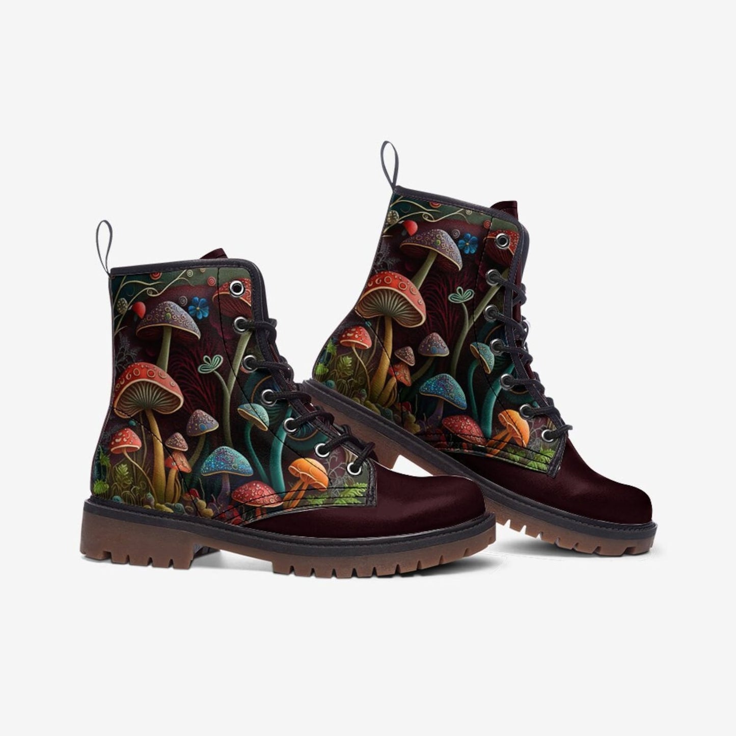 Emerald Blossoms - Fairy Mushrooms Vegan Leather Combat Boots For Hippies