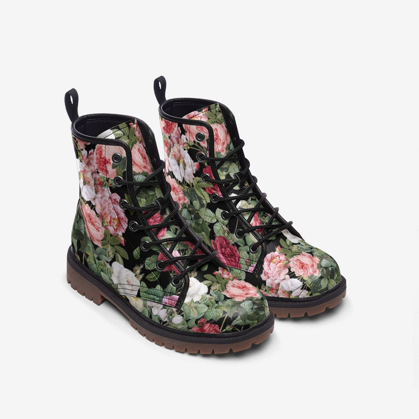 Emerald Blossoms - Vintage Roses Chintz Floral Vegan Combat Boots For Hippies