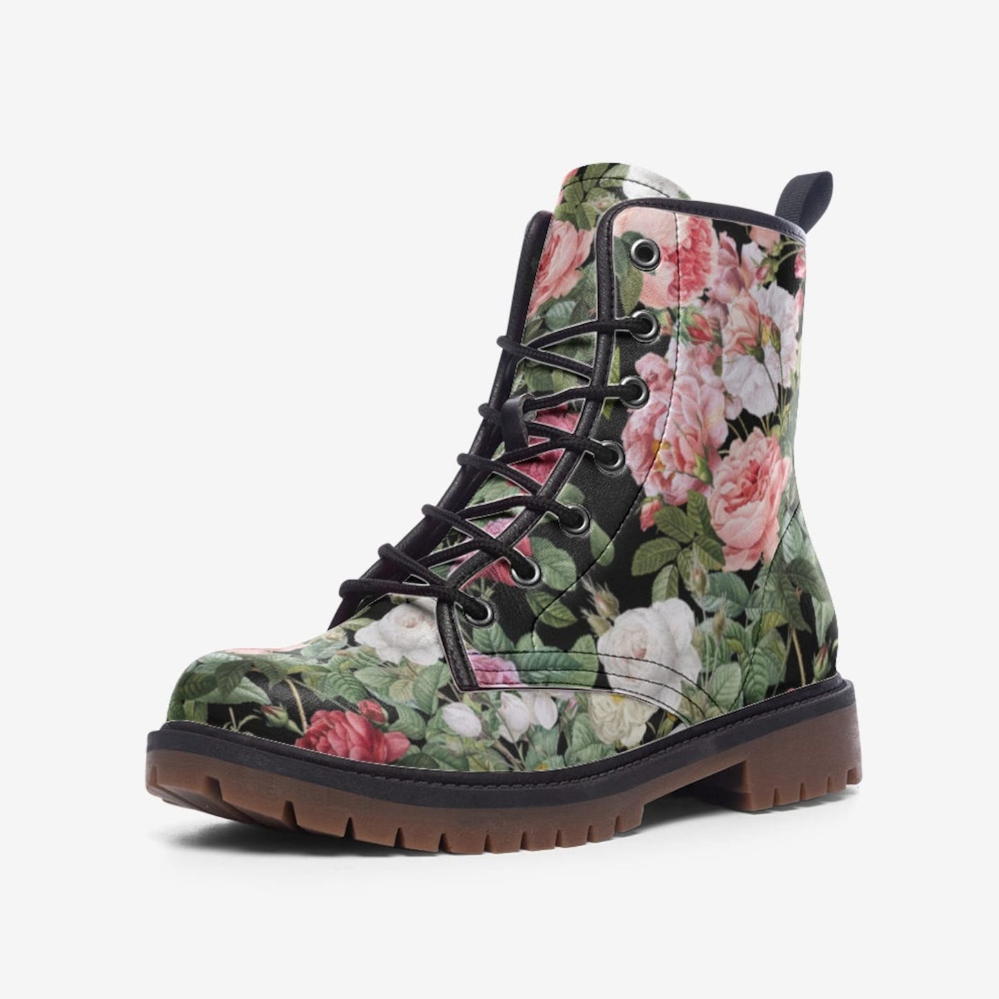 Emerald Blossoms - Vintage Roses Chintz Floral Vegan Combat Boots For Hippies