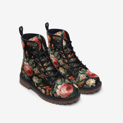 Emerald Blossoms - Vintage Roses Chintz Floral Vegan Combat Boots For Hippies