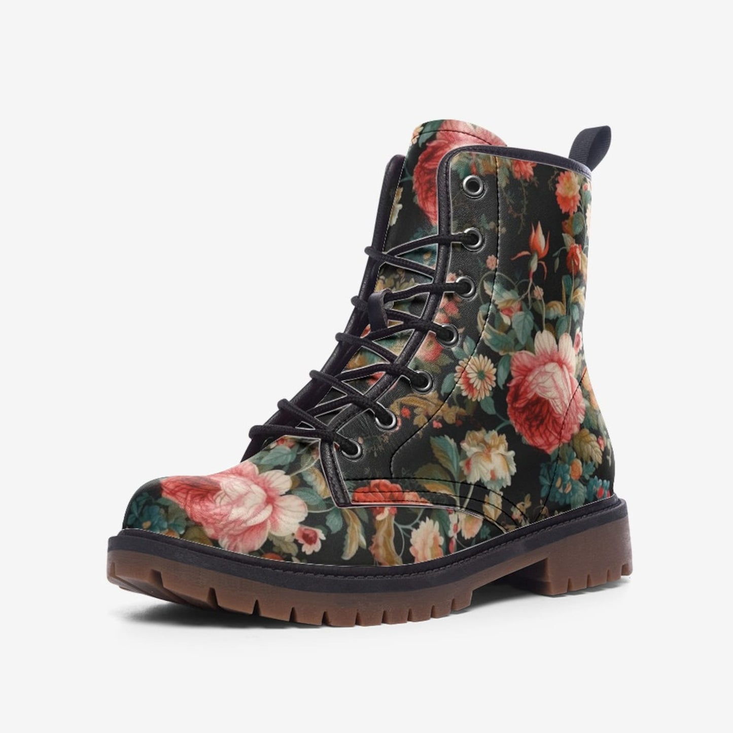 Emerald Blossoms - Vintage Roses Chintz Floral Vegan Combat Boots For Hippies