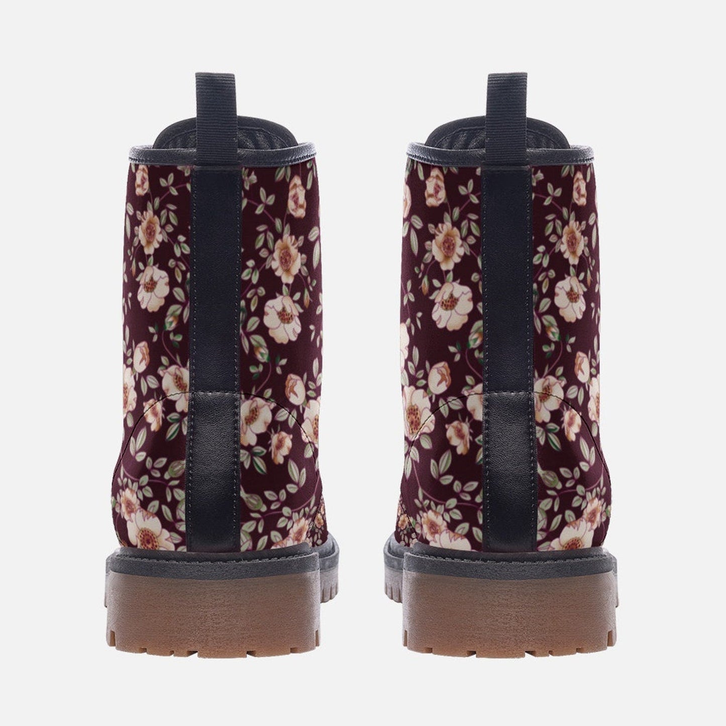 Emerald Blossoms - Deep Red & White Floral Vegan Leather Combat Boots For Hippies