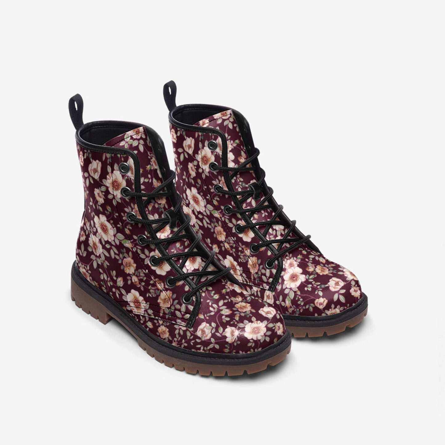 Emerald Blossoms - Deep Red & White Floral Vegan Leather Combat Boots For Hippies