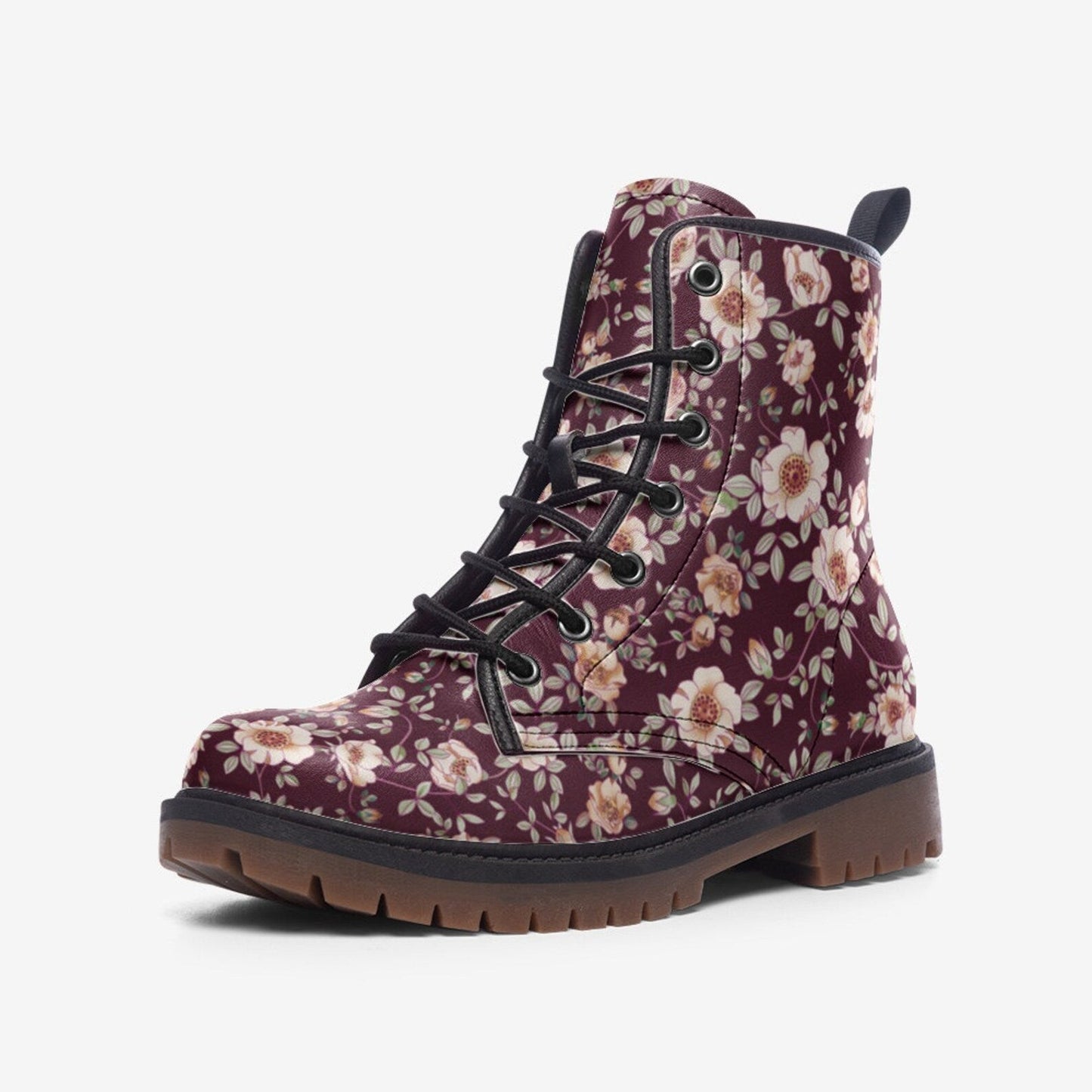 Emerald Blossoms - Deep Red & White Floral Vegan Leather Combat Boots For Hippies