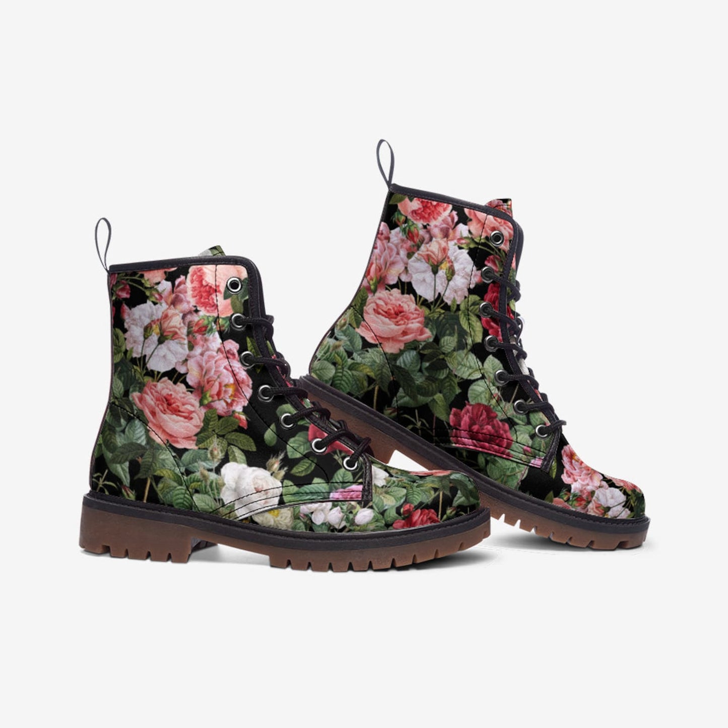 Emerald Blossoms - Vintage Roses Chintz Floral Vegan Combat Boots For Hippies