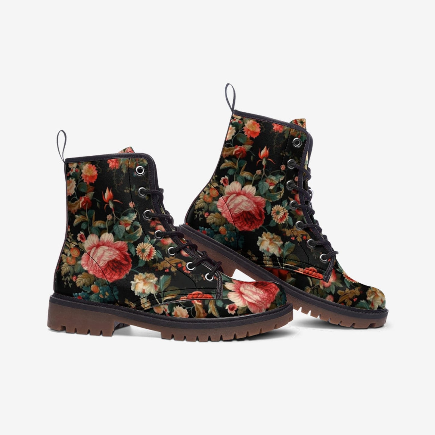 Emerald Blossoms - Vintage Roses Chintz Floral Vegan Combat Boots For Hippies