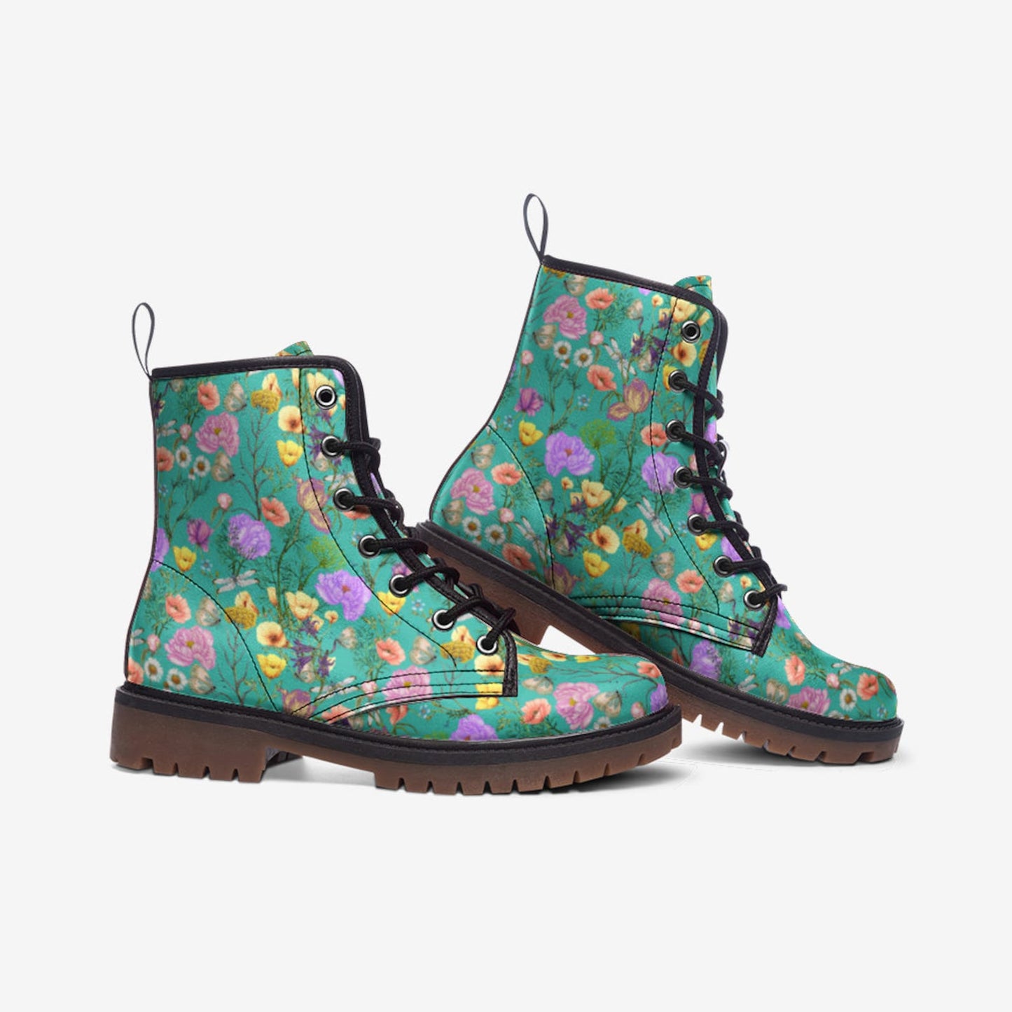 Emerald Blossoms - Wildflower Vegan Leather Combat Boots For Hippies