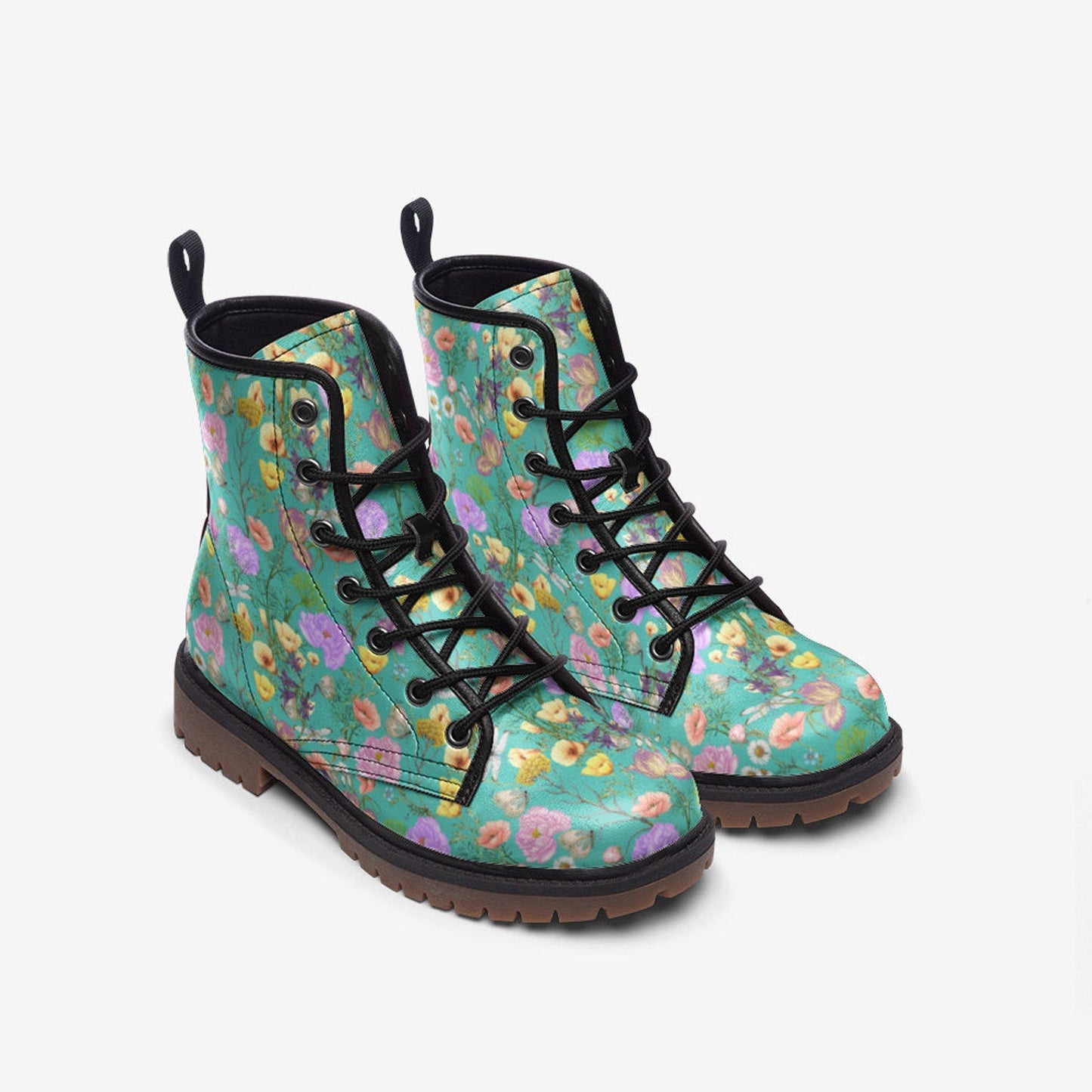 Emerald Blossoms - Wildflower Vegan Leather Combat Boots For Hippies