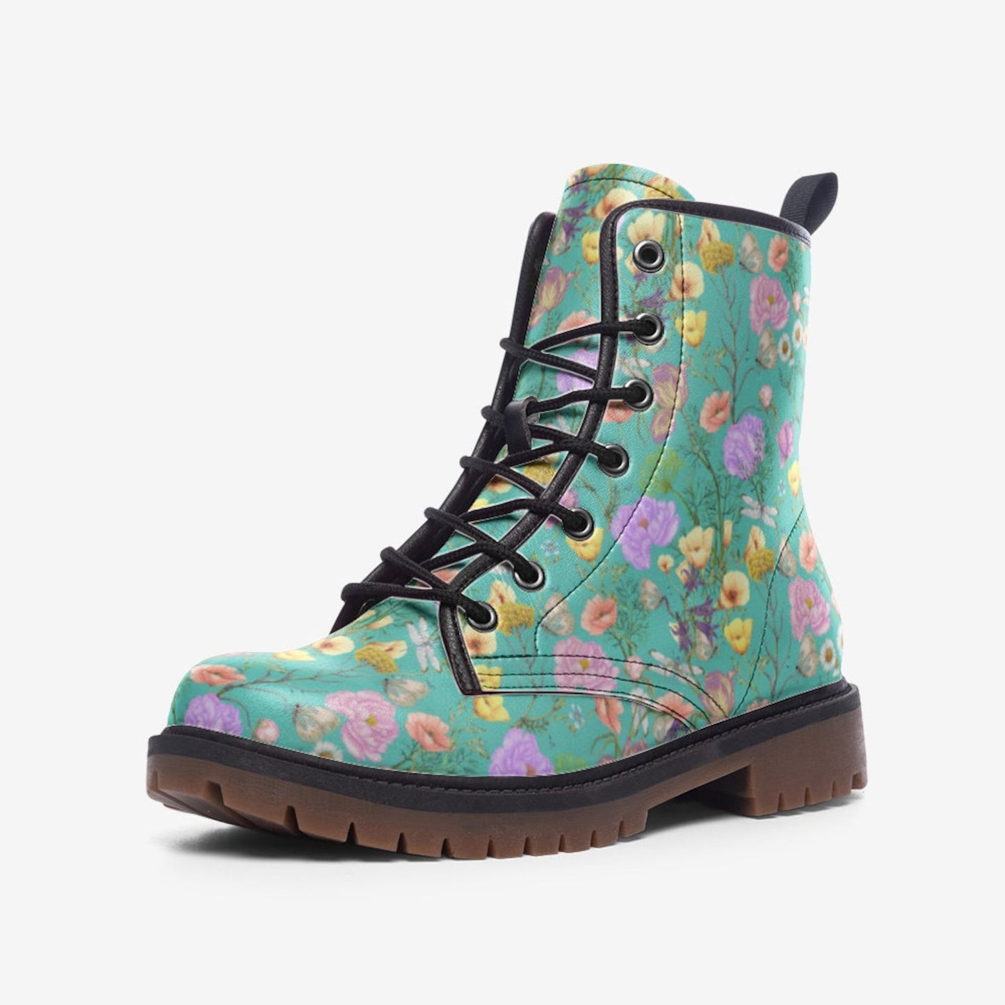 Emerald Blossoms - Wildflower Vegan Leather Combat Boots For Hippies