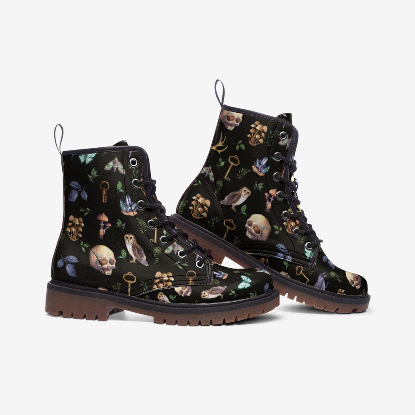 Emerald Blossoms - Skull Witchy Things Vegan Leather Combat Boots, Forest Magic Boots For Hippies