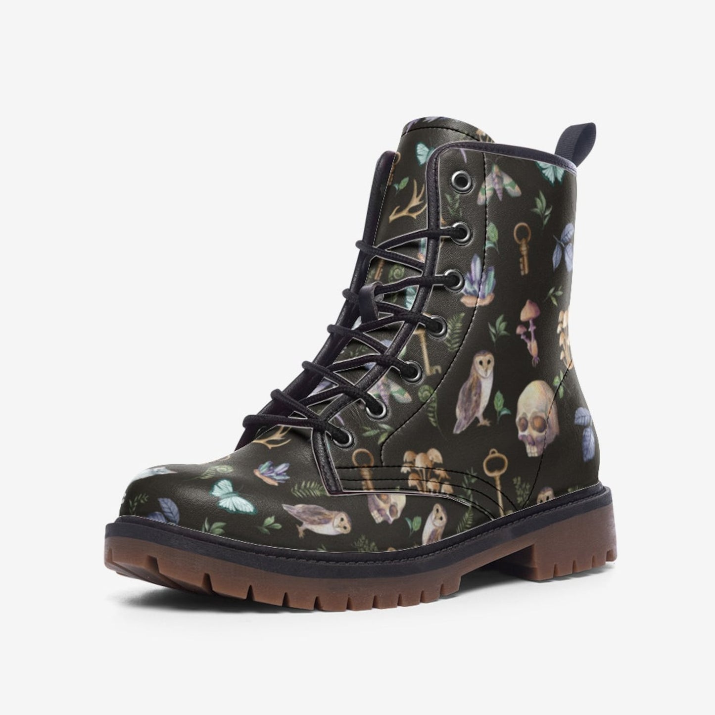 Emerald Blossoms - Skull Witchy Things Vegan Leather Combat Boots, Forest Magic Boots For Hippies