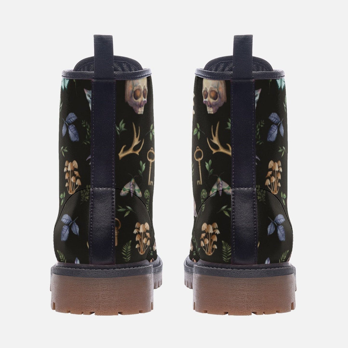 Emerald Blossoms - Skull Witchy Things Vegan Leather Combat Boots, Forest Magic Boots For Hippies