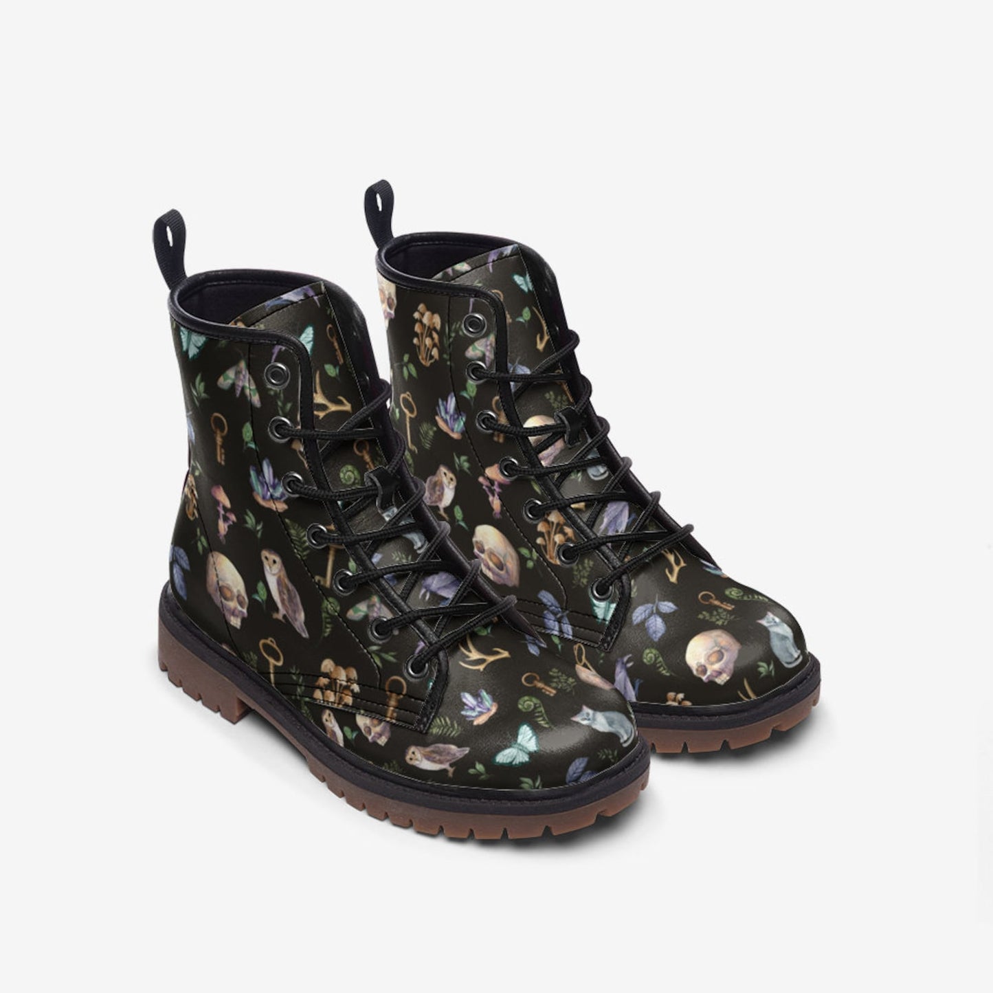 Emerald Blossoms - Skull Witchy Things Vegan Leather Combat Boots, Forest Magic Boots For Hippies