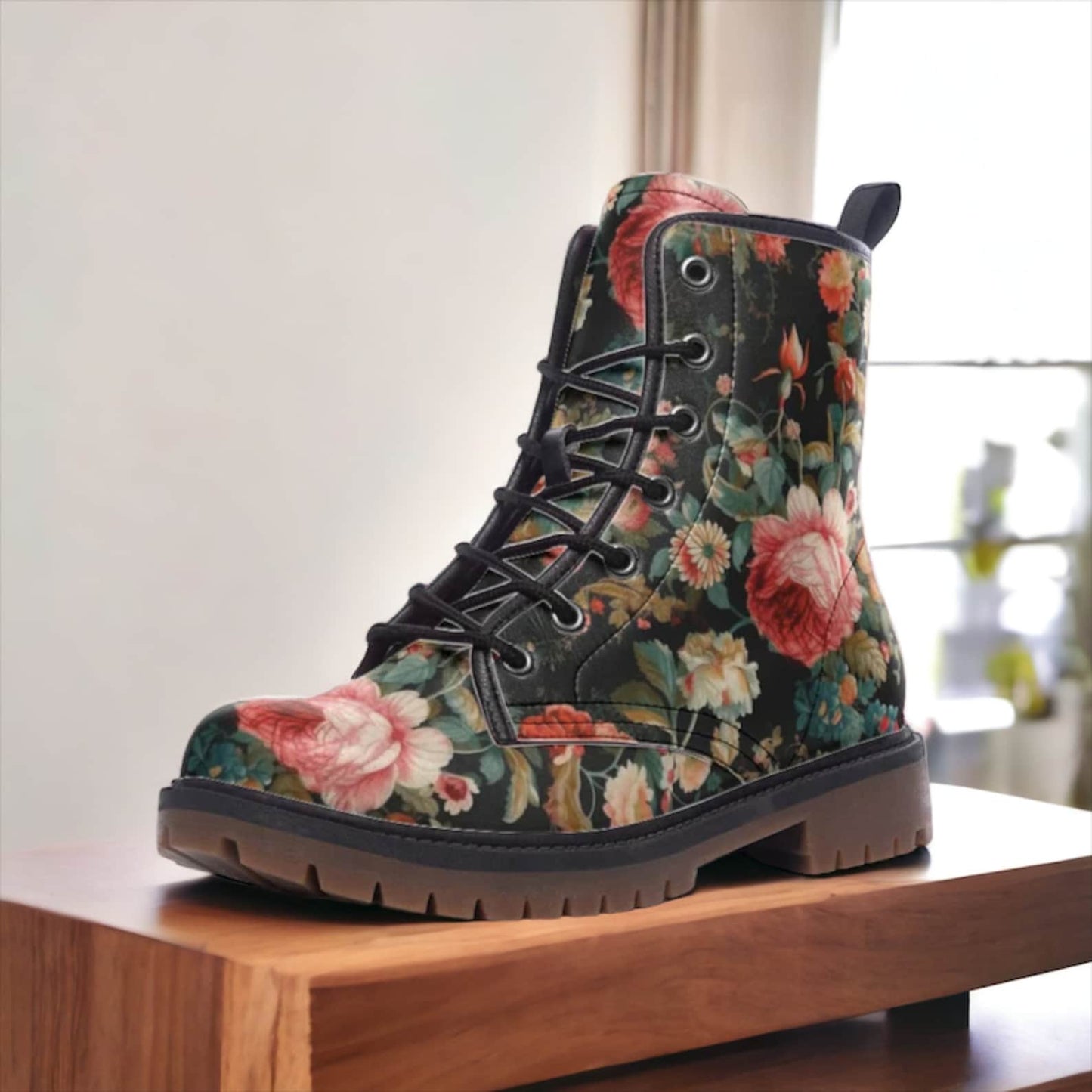 Emerald Blossoms - Vintage Roses Chintz Floral Vegan Combat Boots For Hippies