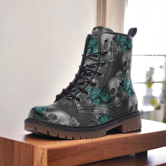 Emerald Blossoms - Gothic Roses & Skulls Vegan Leather Combat Boots For Hippies