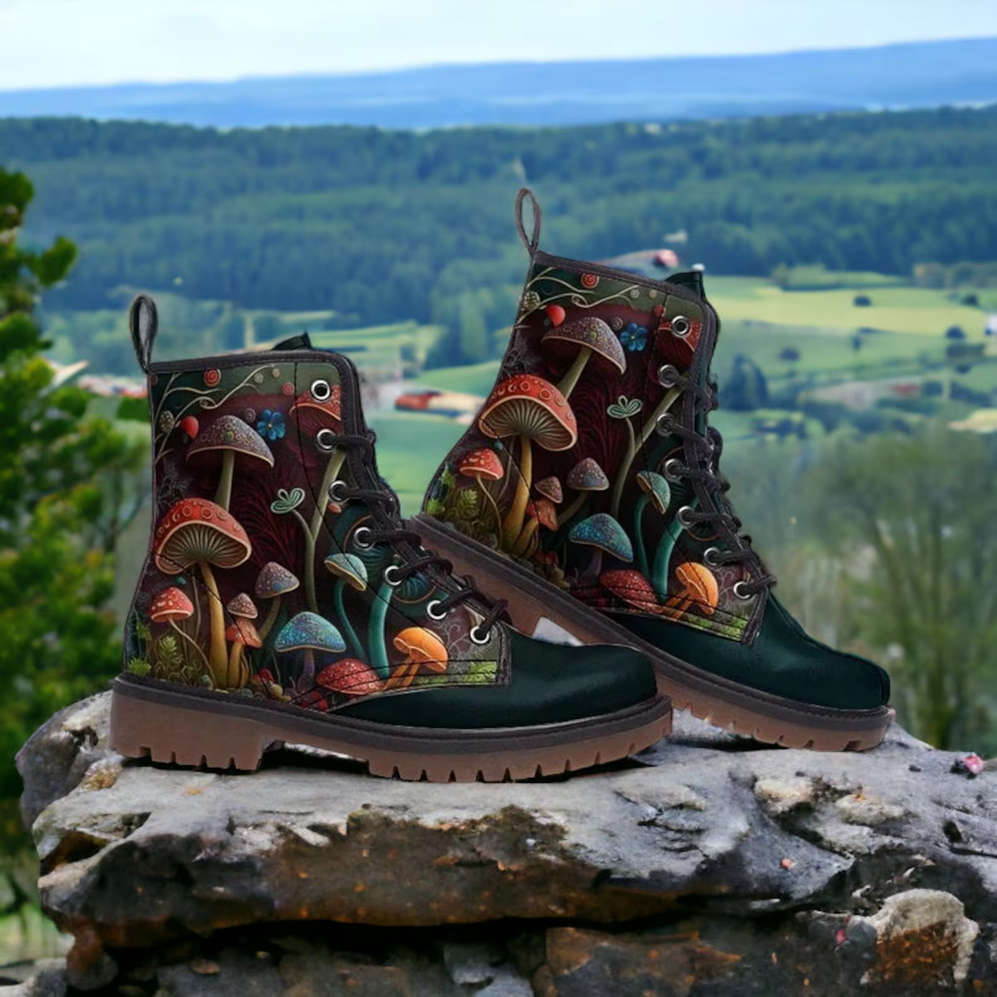 Emerald Blossoms - Mushroom Vegan Leather Combat Boots For Hippies