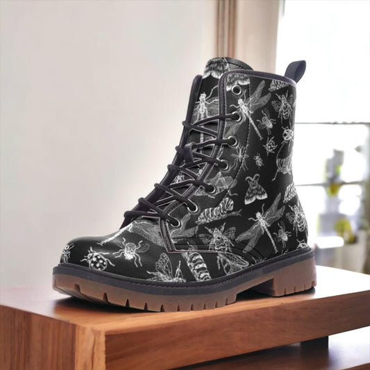 Emerald Blossoms - Insects Nature Bugs Vegan Leather Combat Boots For Hippies