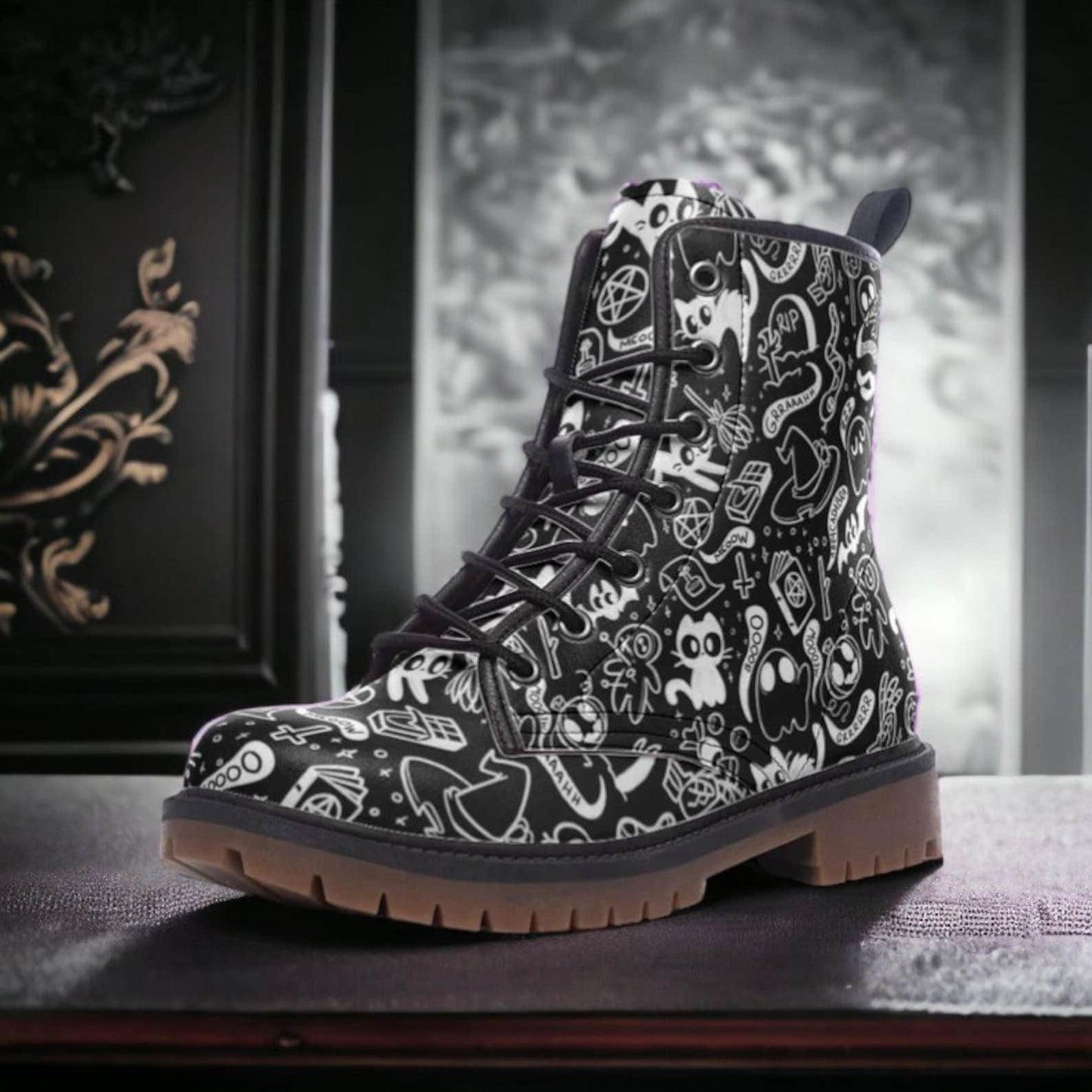 Emerald Blossoms - Witchcore Creepy Cute Vegan Leather Combat Boots For Hippies