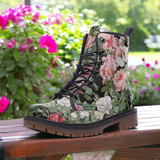 Emerald Blossoms - Vintage Roses Chintz Floral Vegan Combat Boots For Hippies