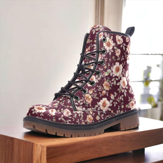 Emerald Blossoms - Deep Red & White Floral Vegan Leather Combat Boots For Hippies