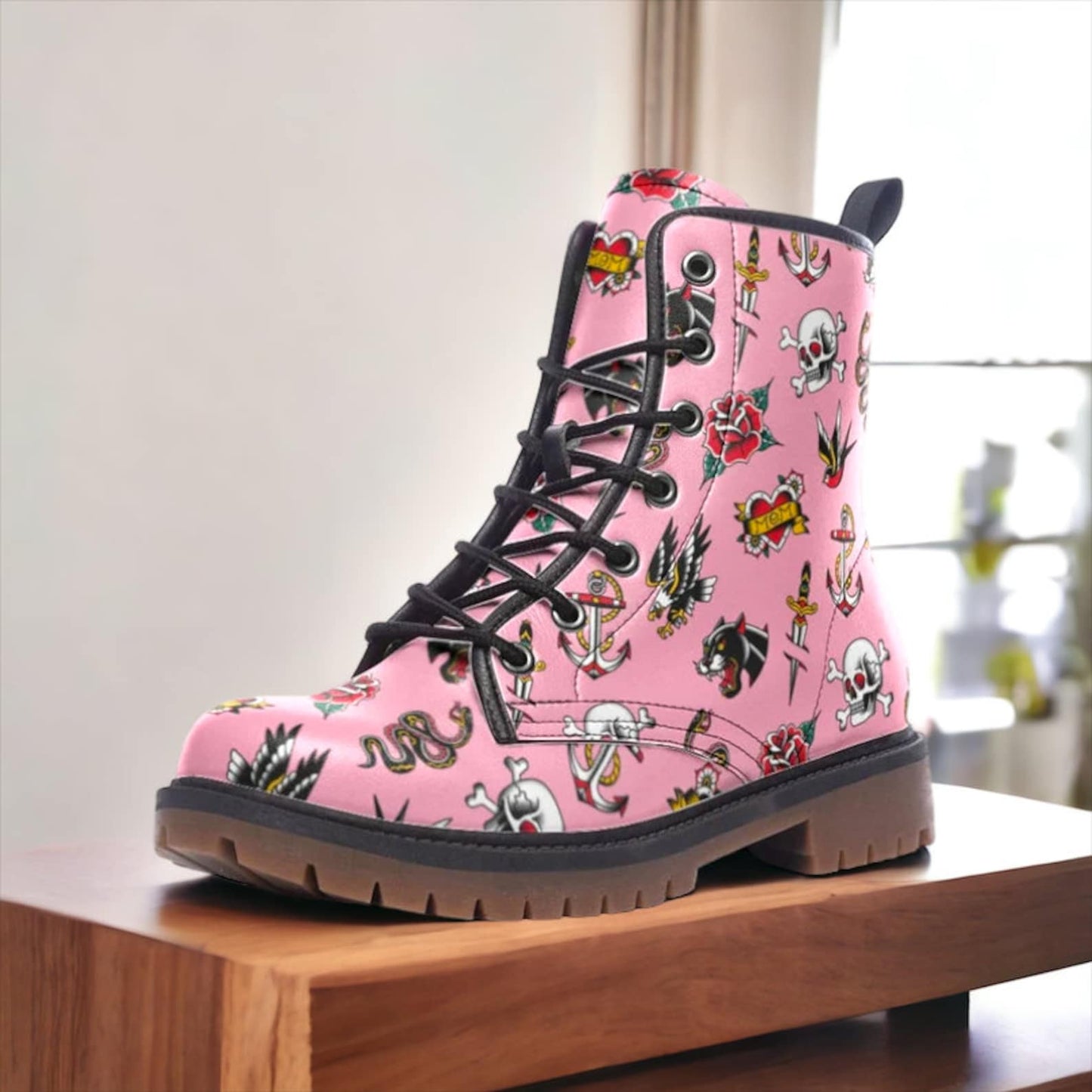 Emerald Blossoms - Vintage Tattoo Motif Vegan Combat Boots For Hippies