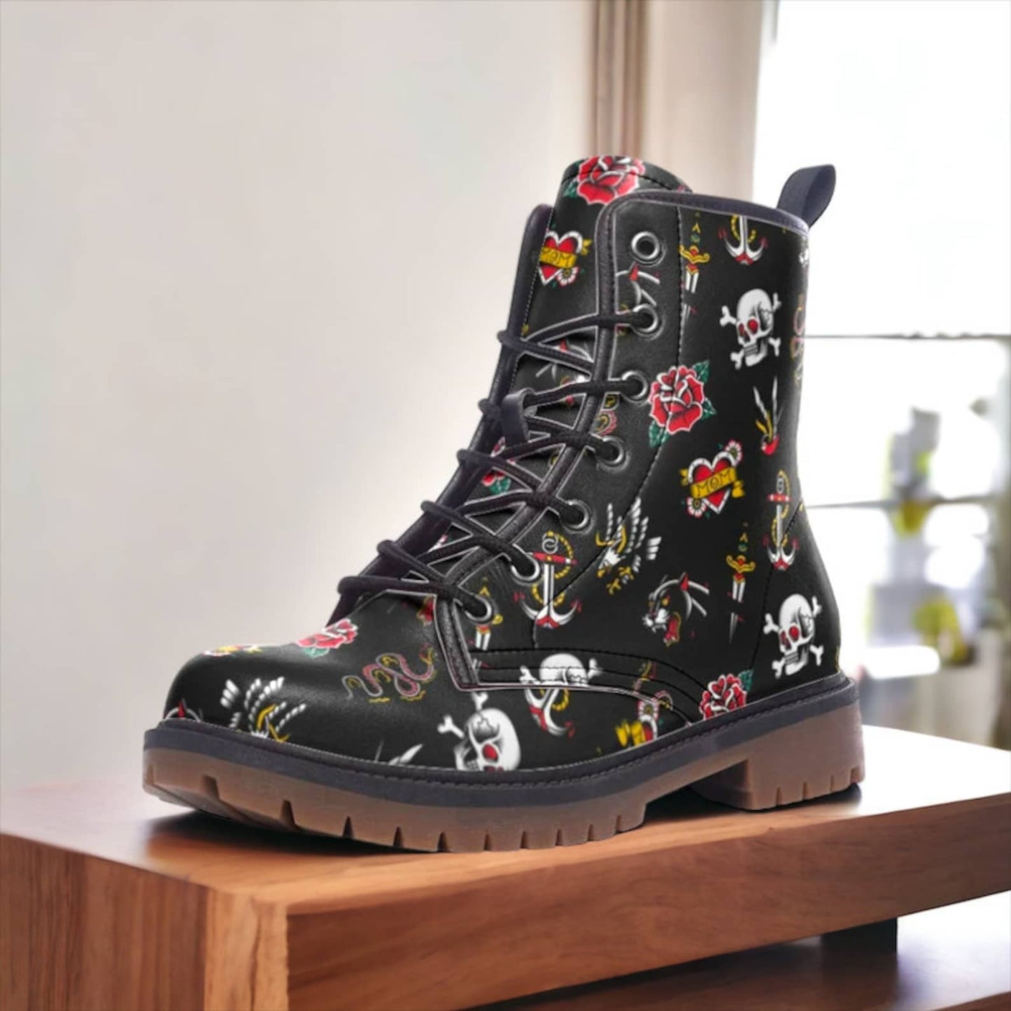 Emerald Blossoms - Vintage Tattoo Motif Vegan Combat Boots For Hippies