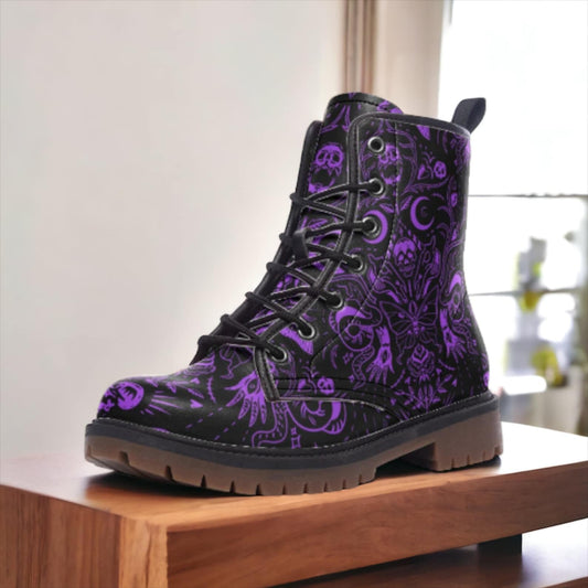 Emerald Blossoms - Purple Skulls Moths Faux Leather Combat Boots For Hippies