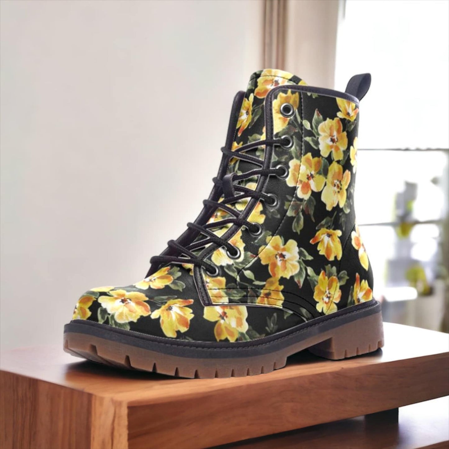 Emerald Blossoms - Black w Yellow Flowers Combat Boots.