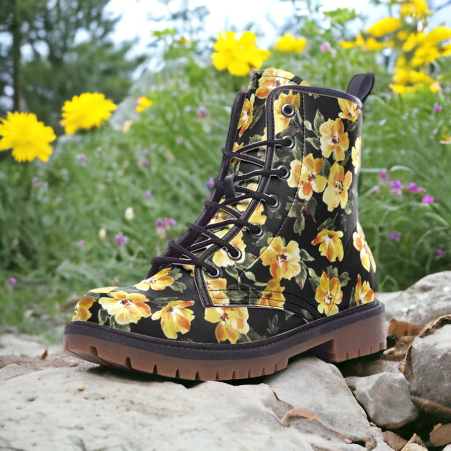 Emerald Blossoms - Black w Yellow Flowers Combat Boots.