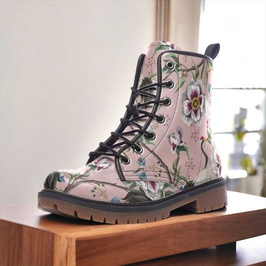 Emerald Blossoms - Pink & White Floral Vegan Combat Boots For Hippies