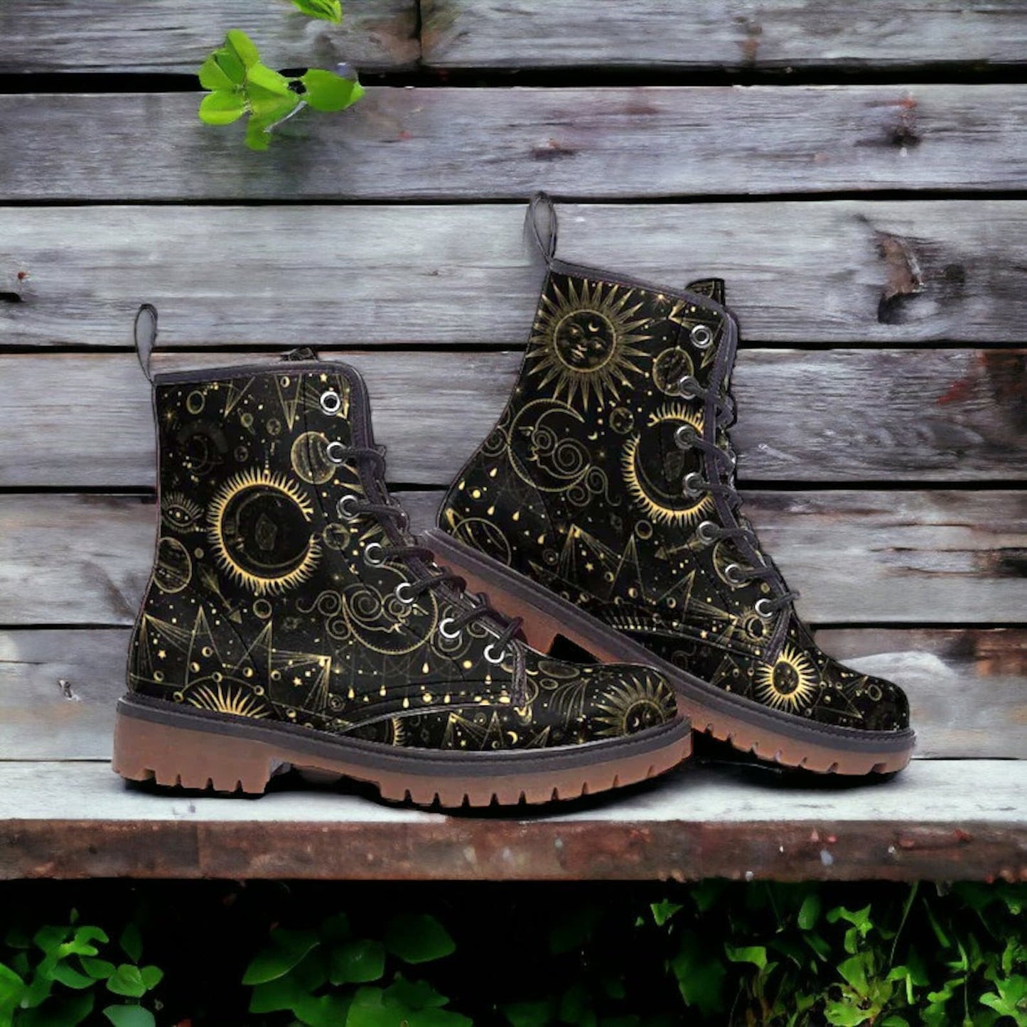 Emerald Blossoms - Zodiac Celestial Vegan Combat Boots For Hippies