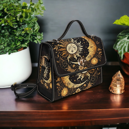 Emerald Blossoms - Dark Boho Sun & Moon Canvas Satchel Bag For Hippies