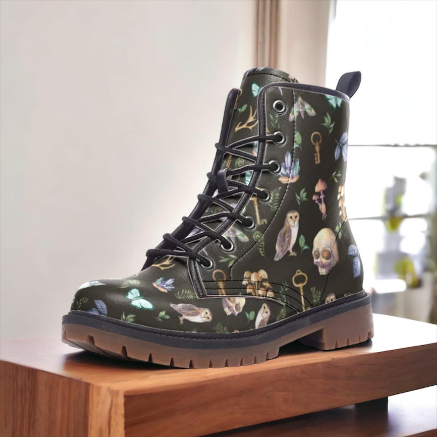 Emerald Blossoms - Skull Witchy Things Vegan Leather Combat Boots, Forest Magic Boots For Hippies