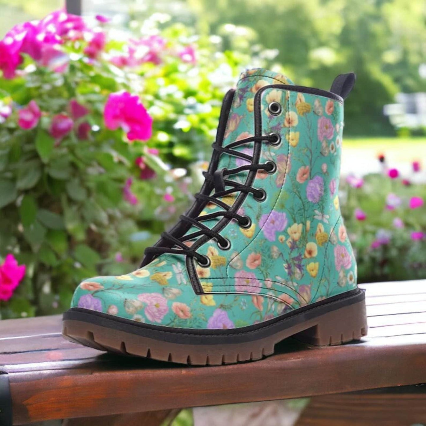 Emerald Blossoms - Wildflower Vegan Leather Combat Boots For Hippies