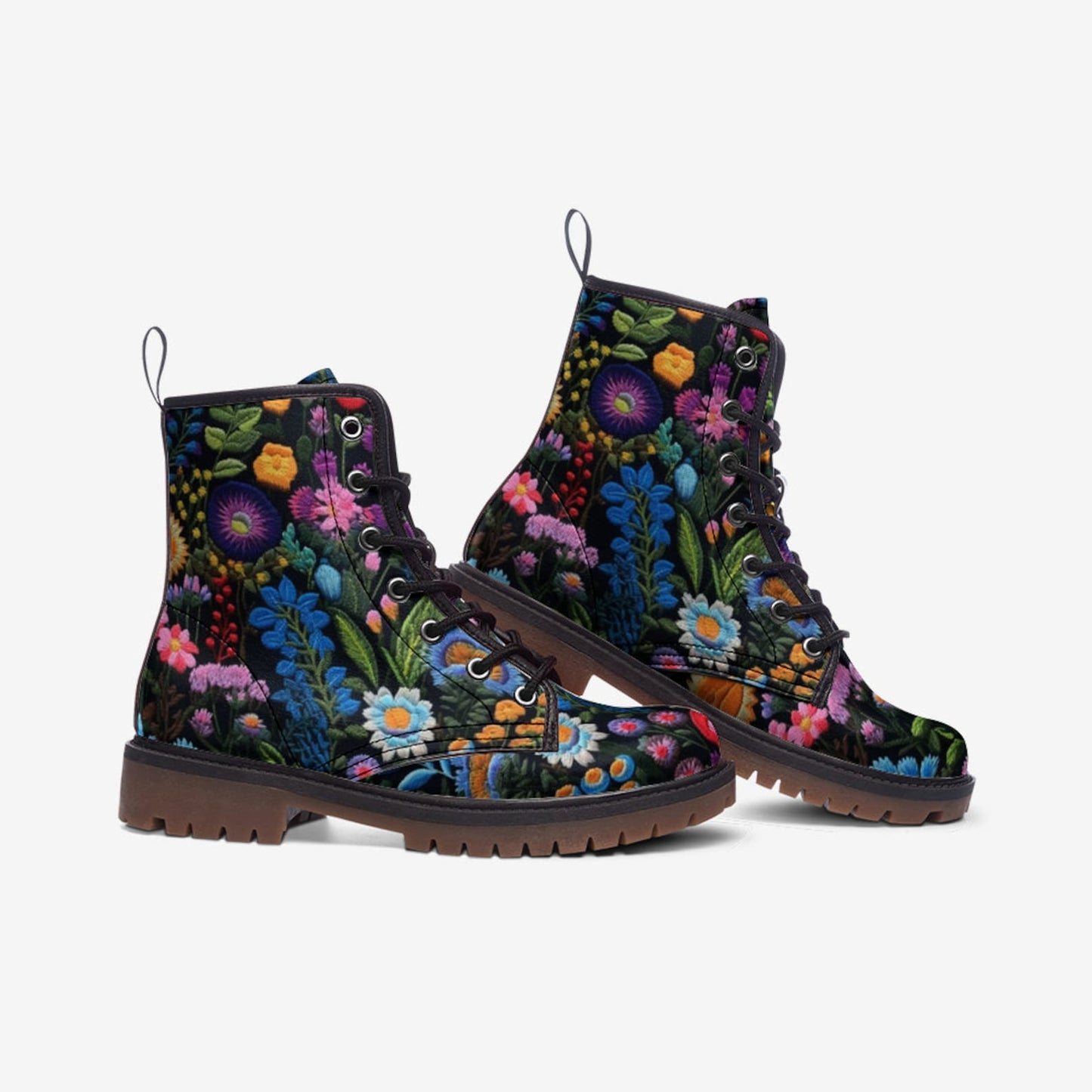 Emerald Blossoms - Dark Floral Vegan Leather Combat Boots For Hippies