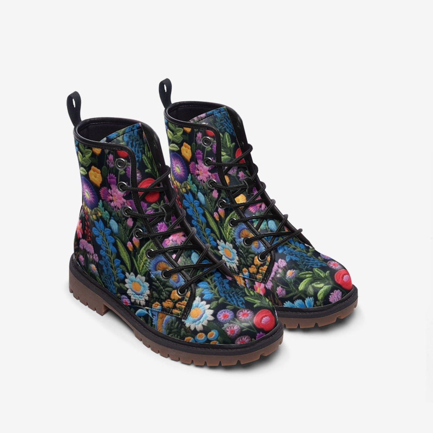 Emerald Blossoms - Dark Floral Vegan Leather Combat Boots For Hippies