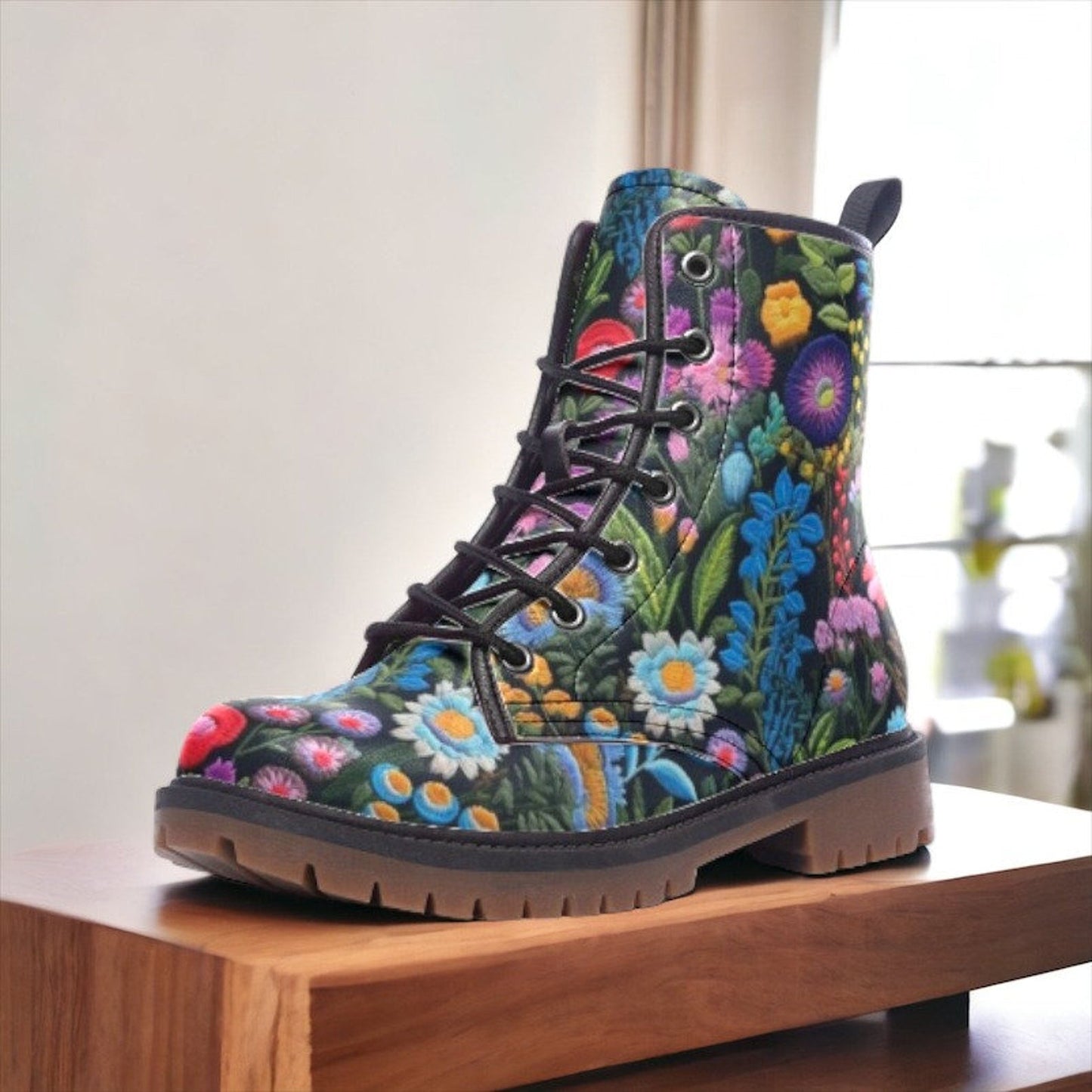 Emerald Blossoms - Dark Floral Vegan Leather Combat Boots For Hippies