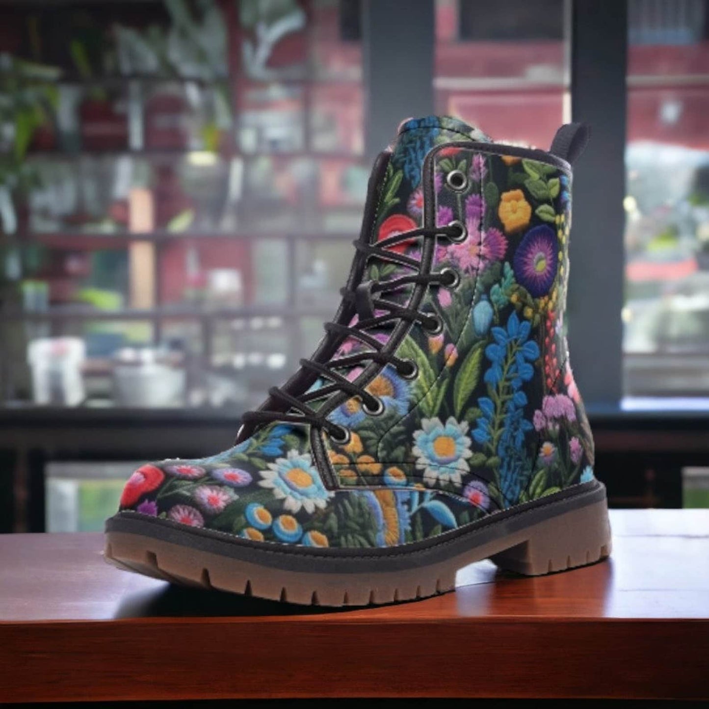 Emerald Blossoms - Dark Floral Vegan Leather Combat Boots For Hippies