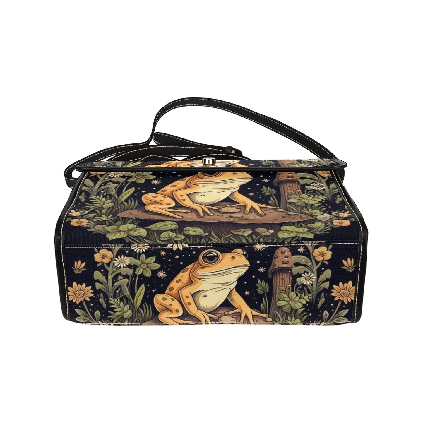 Emerald Blossoms - Goblincore Yellow Toad Green Forest Black Canvas Satchel Bag For Hippies