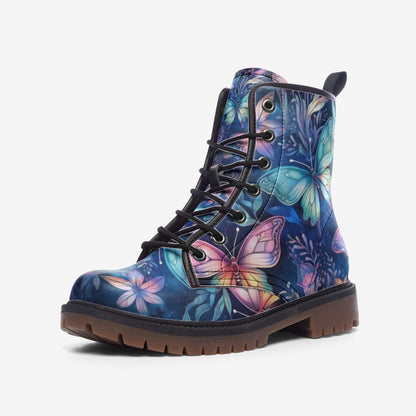 Emerald Blossoms - Butterflies Casual Vegan Leather Combat Boots For Hippies