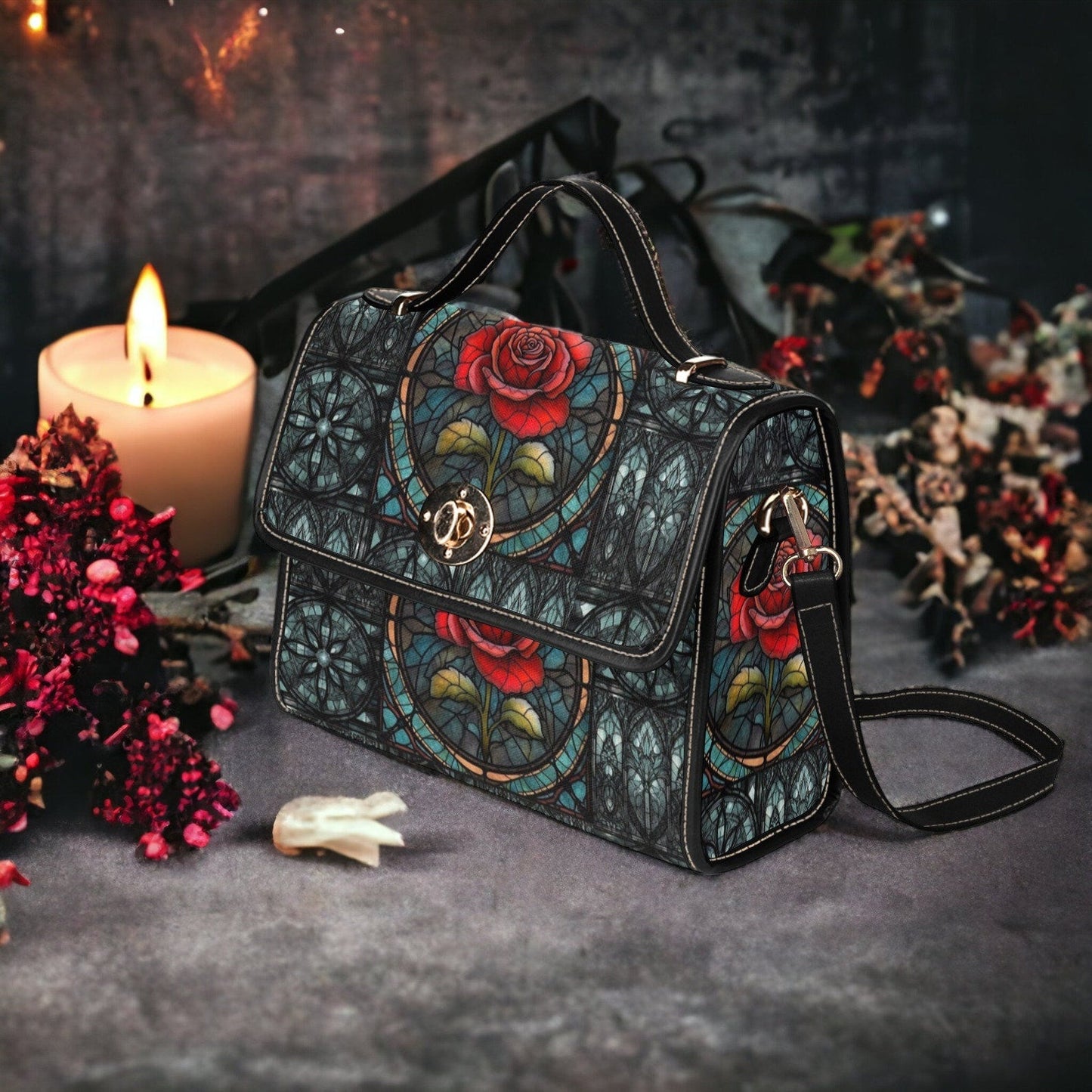 Emerald Blossoms - Gothic Teal Stained Glass Red Rose Canvas Satchel Bag For Hippies