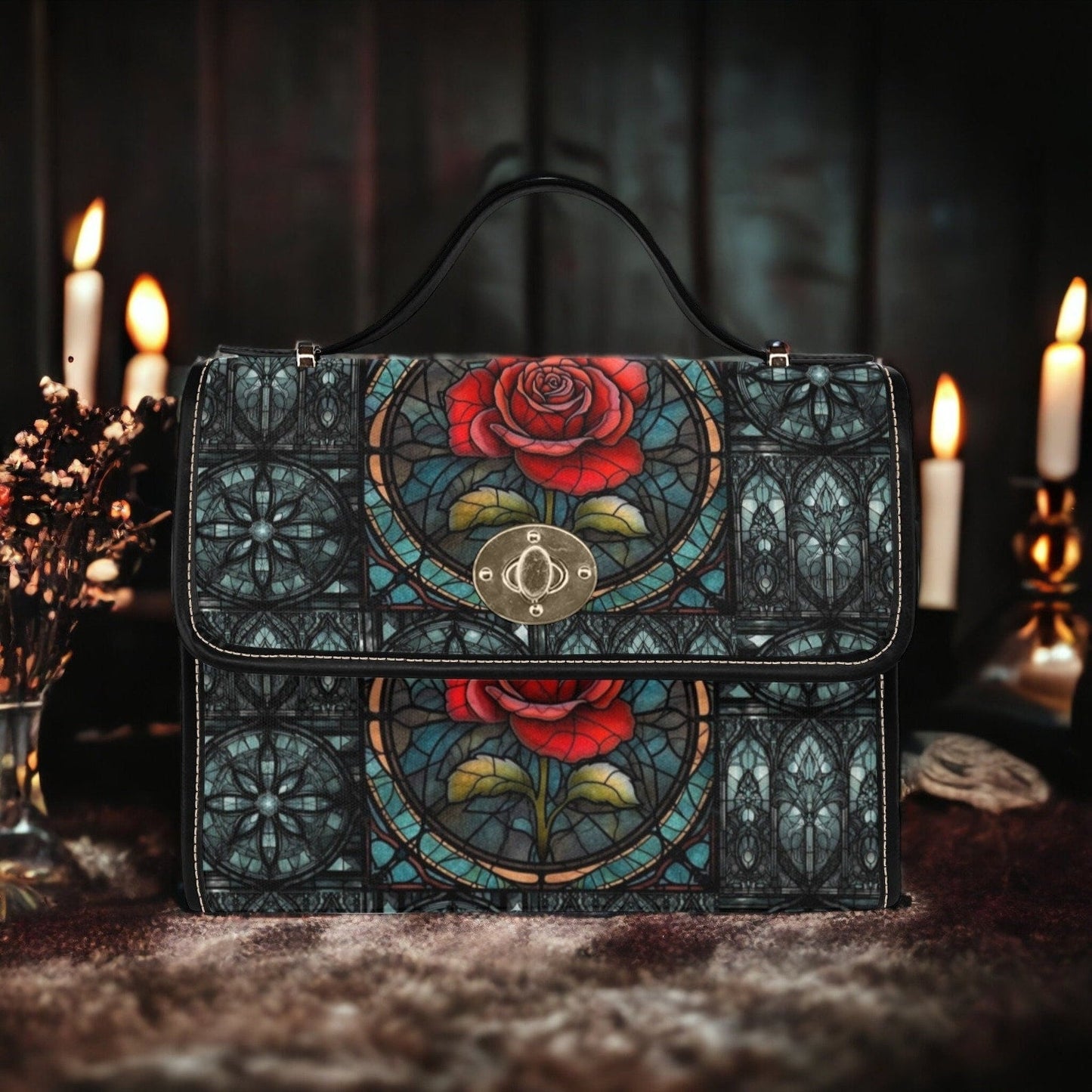 Emerald Blossoms - Gothic Teal Stained Glass Red Rose Canvas Satchel Bag For Hippies