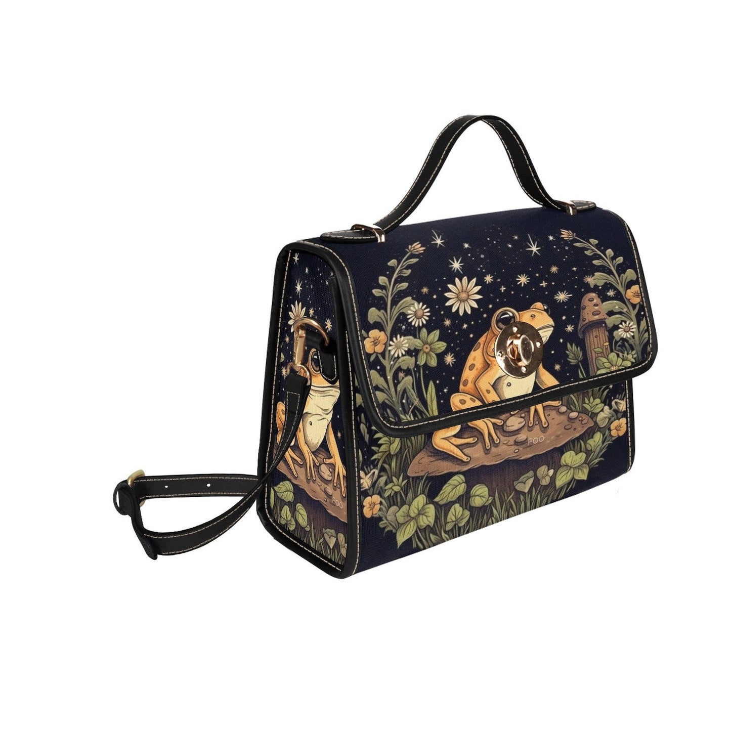 Emerald Blossoms - Goblincore Yellow Toad Green Forest Black Canvas Satchel Bag For Hippies